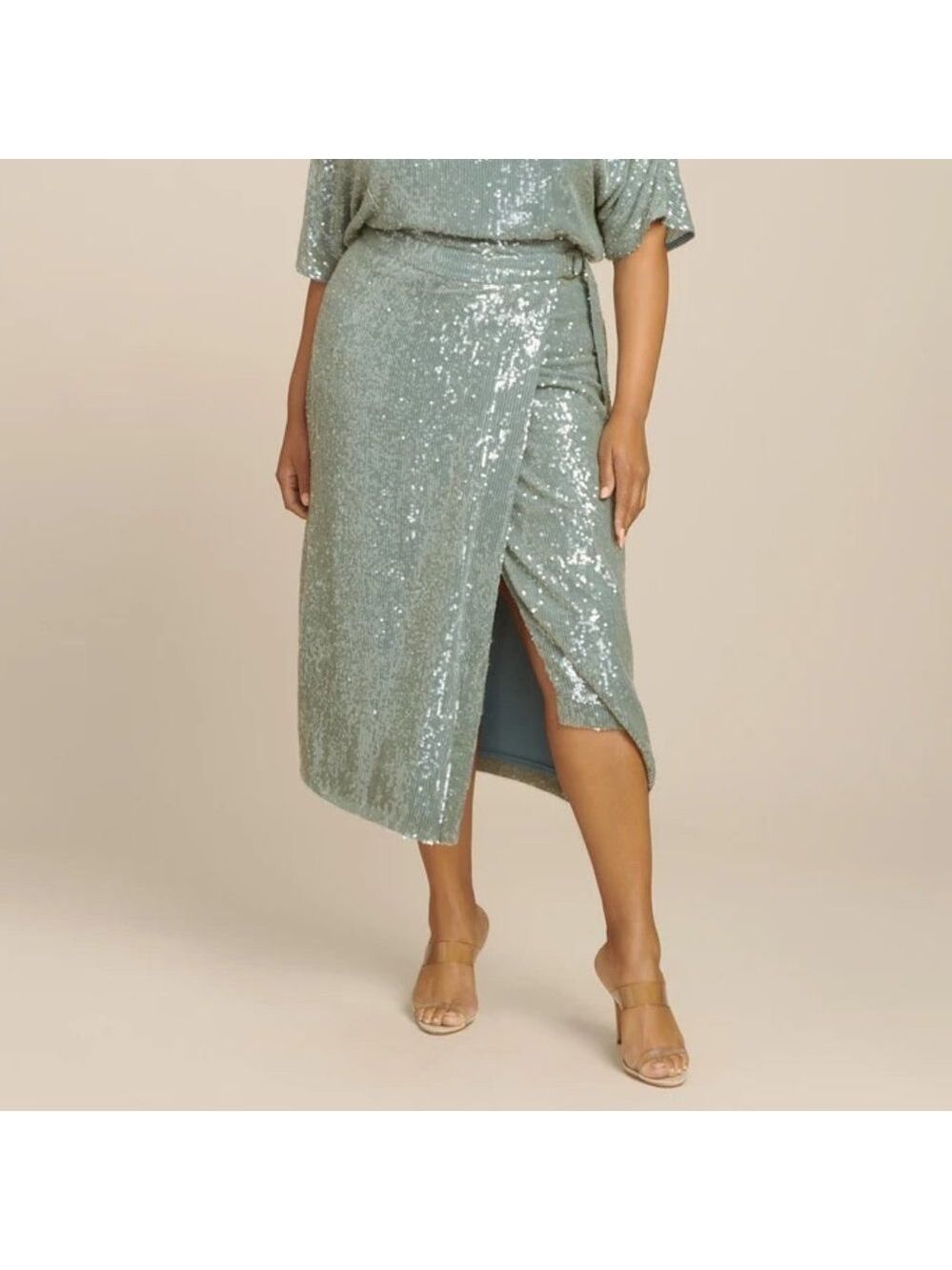 Sally LaPointe Sequin Viscose Belted WraP Skirt